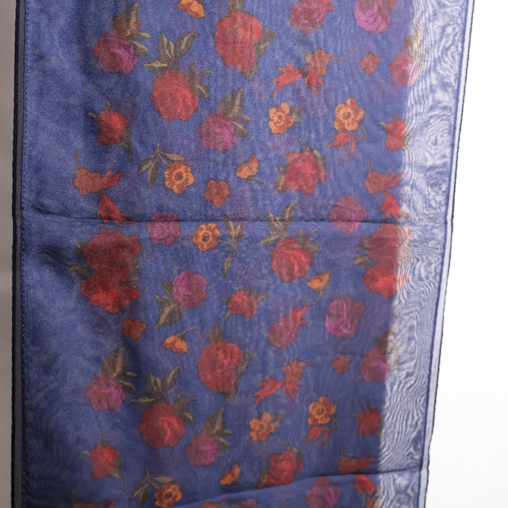 VTG Navy Blue Sheer Floral Rectangle Scarf Red Orange Rose Print Dark Romantic